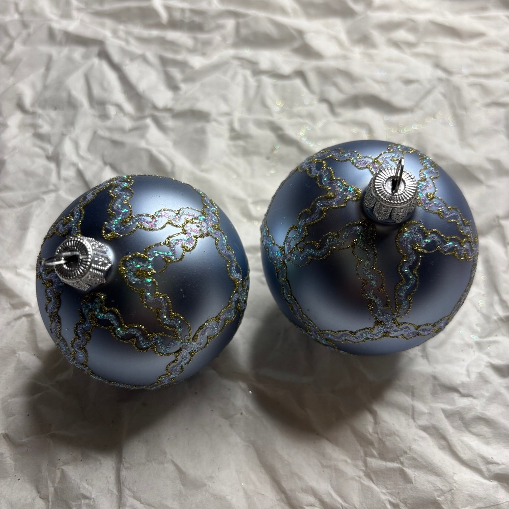 Crate&Barrel Christmas Ornaments Silverish Blue Glitter Trellis Set of 2 - Picture 6 of 9